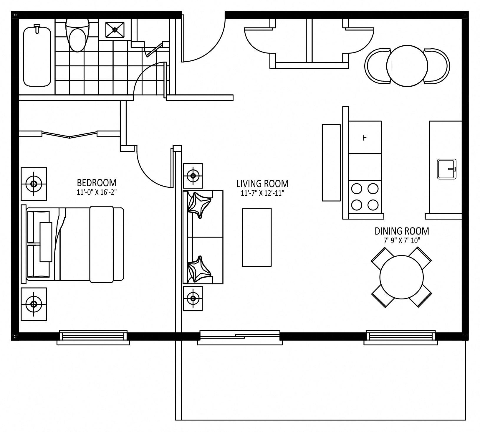 Floor plan for 1 bed, 1 bath, 702 sqft
